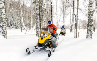 Man riding snowmobile through snowy forest in Lapland.
