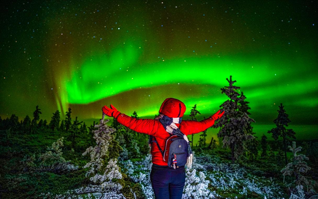 Guests viewing Northern Lights on a tour in Rovaniemi, Finland, with a camera.