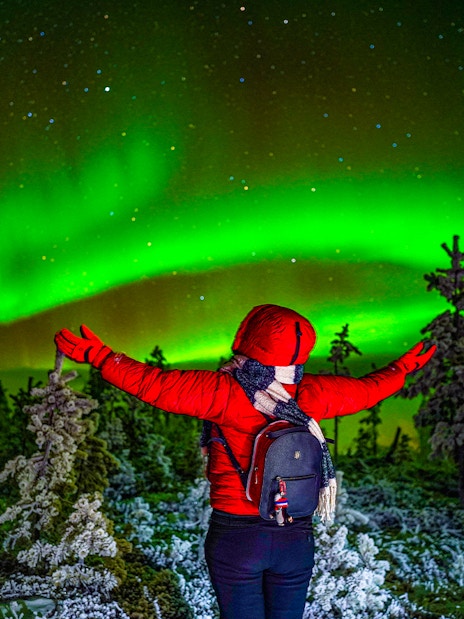 Guests viewing Northern Lights on a tour in Rovaniemi, Finland, with a camera.