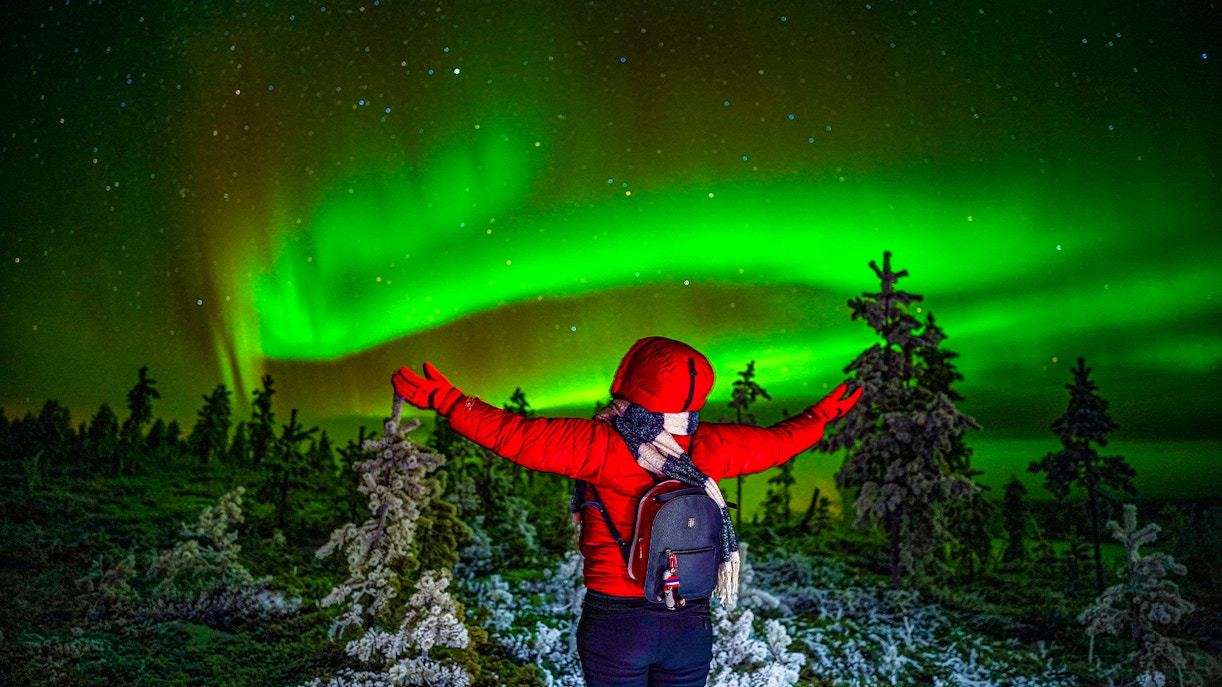 Guests viewing Northern Lights on a tour in Rovaniemi, Finland, with a camera.
