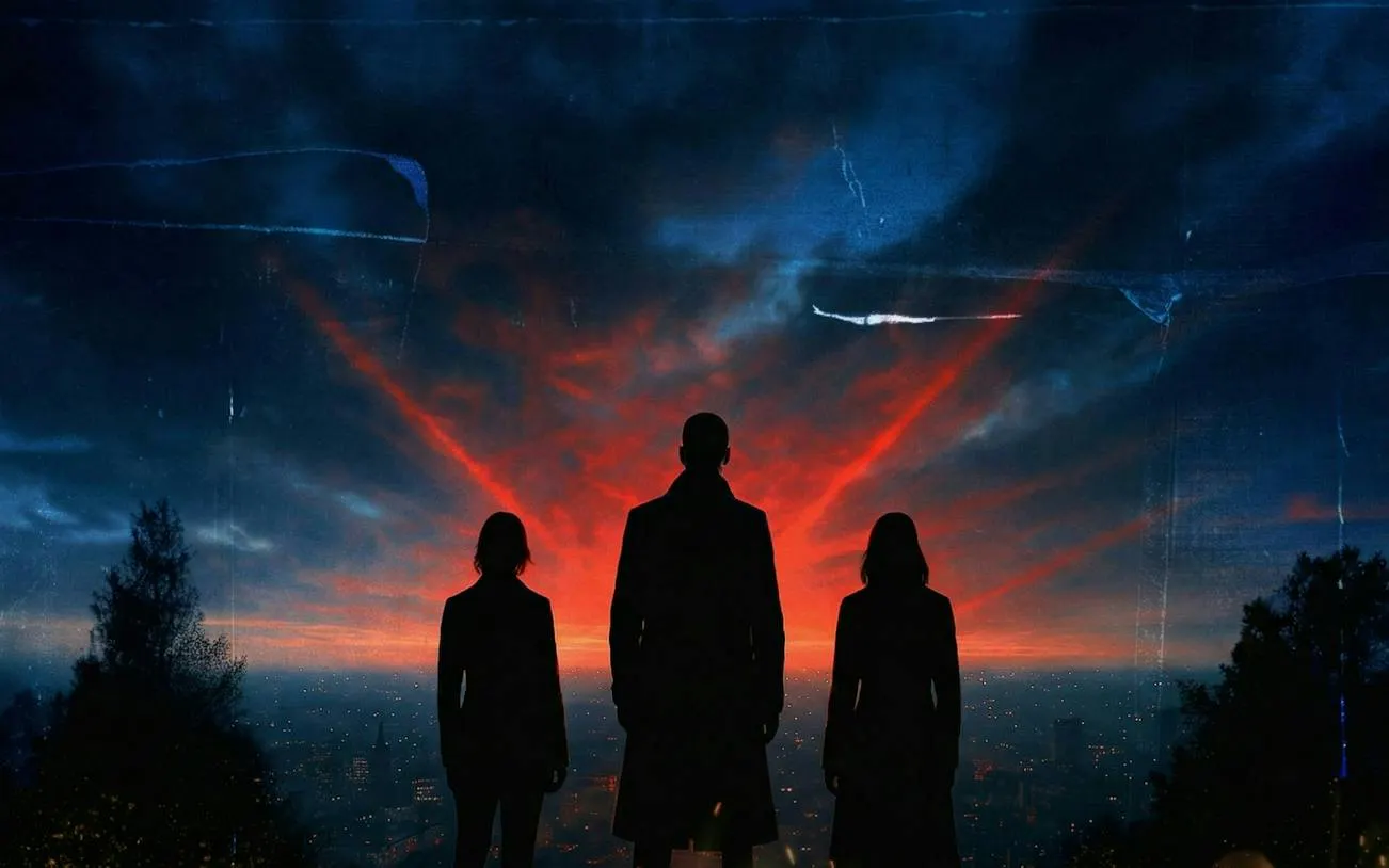 Three silhouetted figures overlooking Edinburgh cityscape at sunset, part of a detective mystery game.