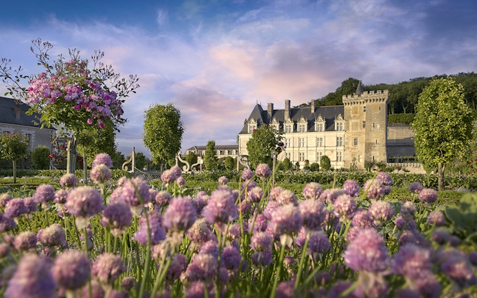Villandry Gardens with Château in background, featuring vibrant flowers and manicured hedges.