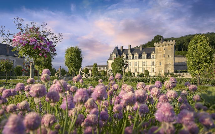 Villandry Gardens with Château in background, featuring vibrant flowers and manicured hedges.