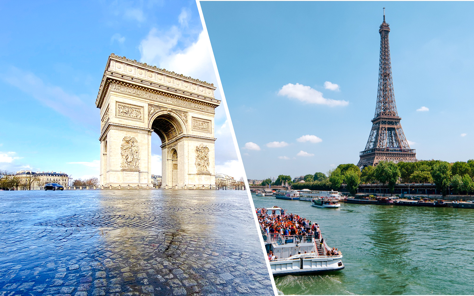 Arc de Triomphe and Eiffel Tower with Seine River cruise in Paris.