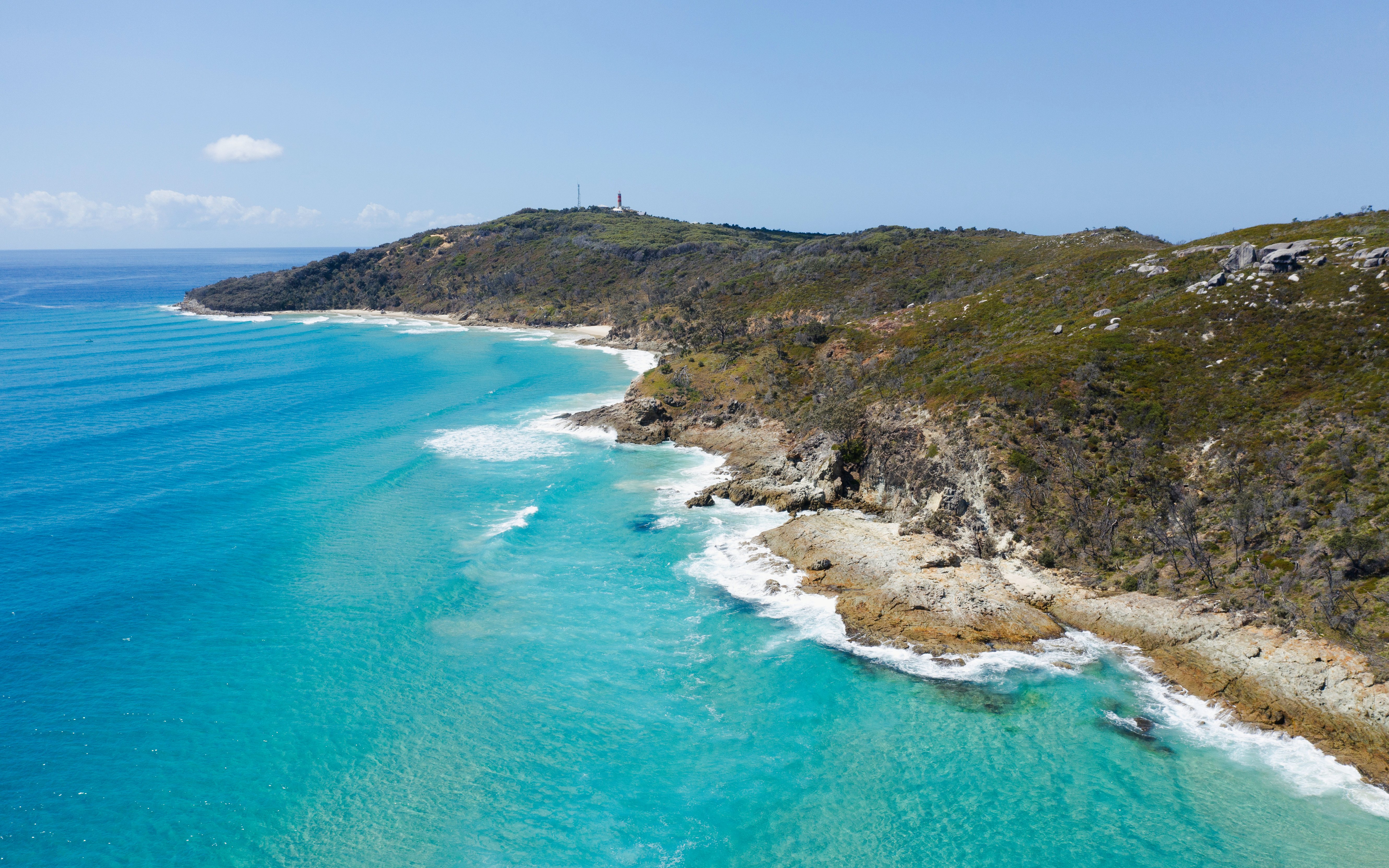 Cape Moreton coastline with turquoise waters, Moreton Island, Australia.