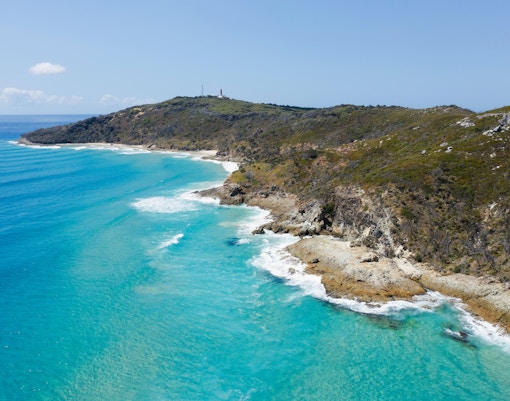 Cape Moreton coastline with turquoise waters, Moreton Island, Australia.