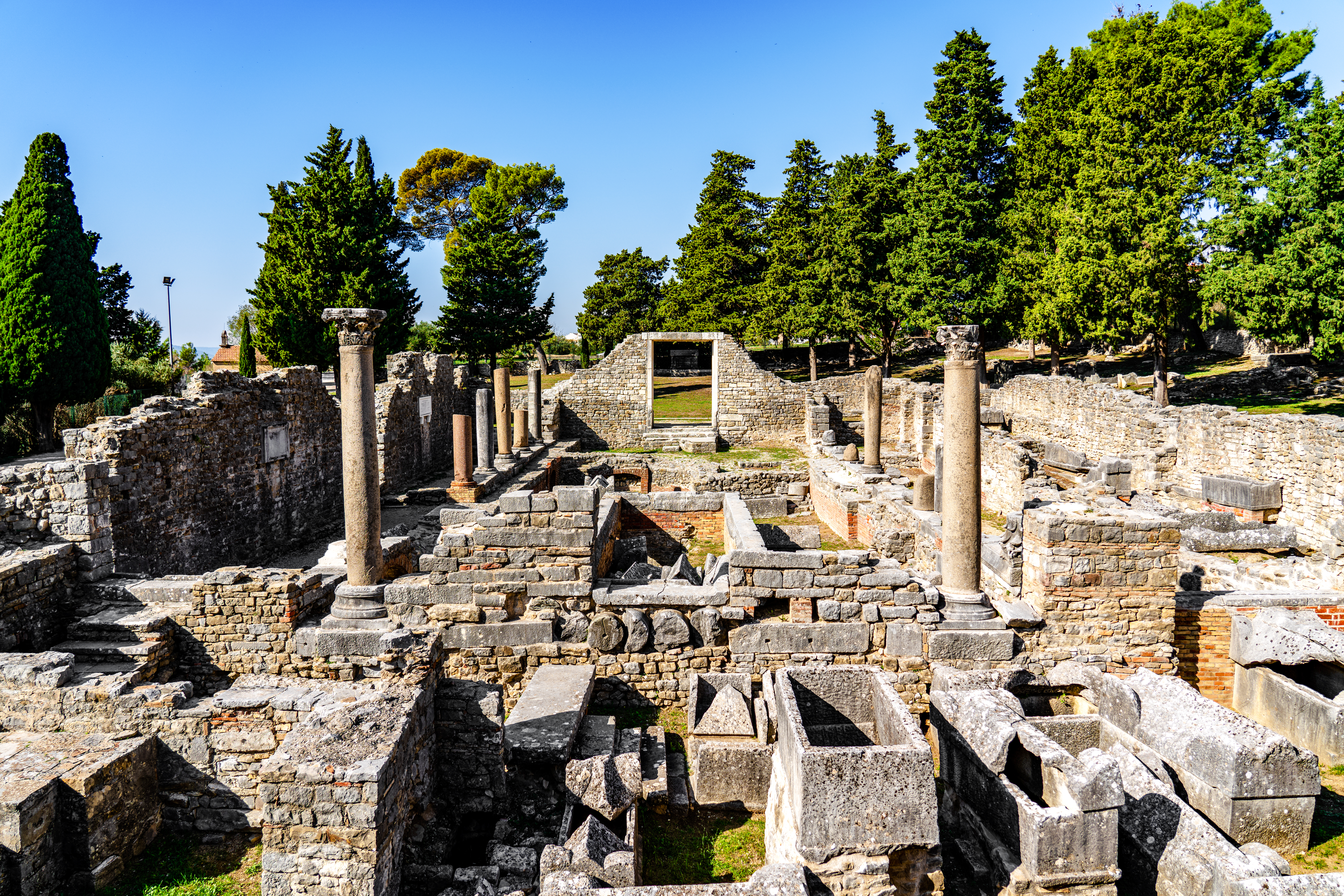 Cathedral ruins with stone columns and walls, Solana, Croatia.