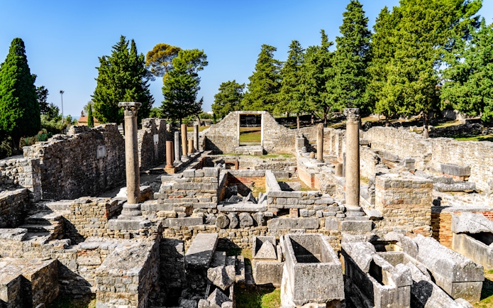 Cathedral ruins with stone columns and walls, Solana, Croatia.