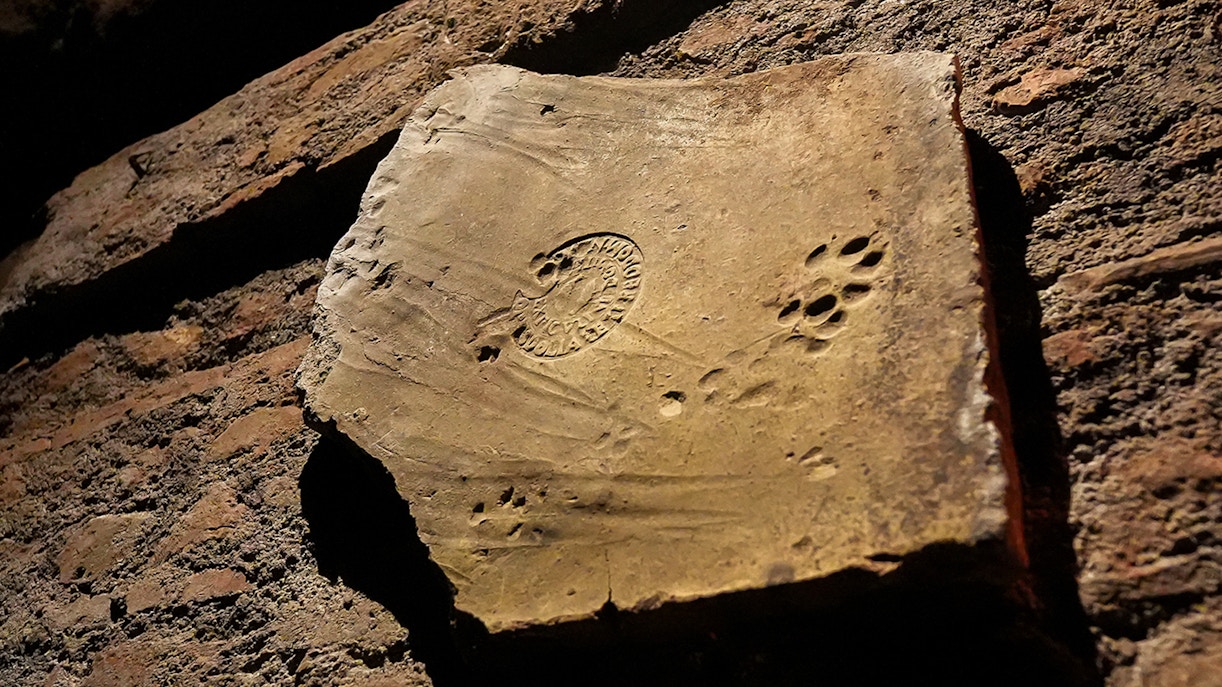 Frescoes on stone walls at Capuchin Crypt, Rome, depicting historical religious scenes.