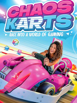 Person driving a pink go-kart at Chaos Karts Dubai, with vibrant gaming graphics.