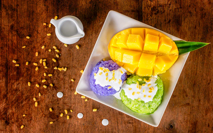 Mango sticky rice with coconut milk at Thai cooking class, Mama Noi Organic Garden.