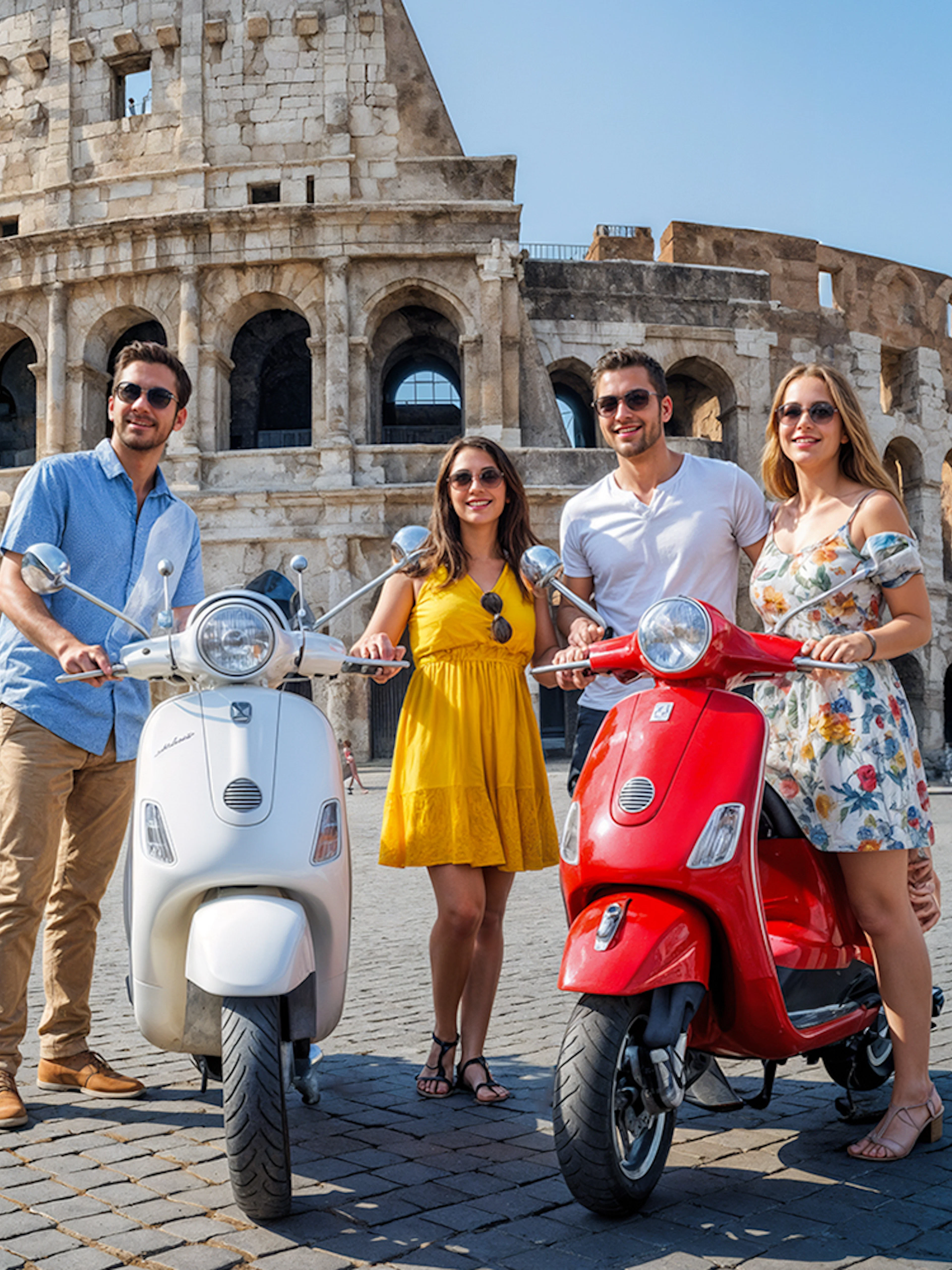 Couples with Vespas in front of the Colosseum, Rome.