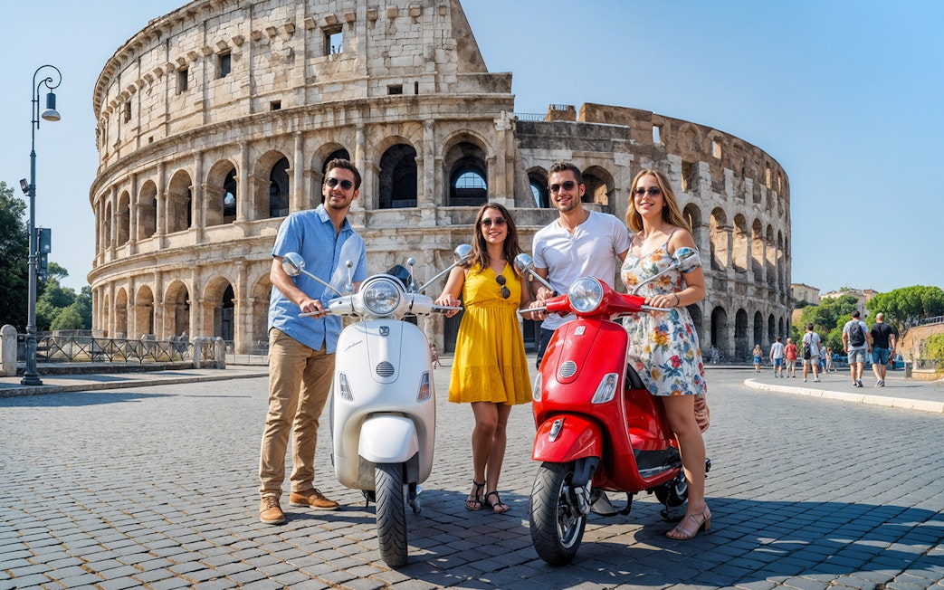 Couples with Vespas in front of the Colosseum, Rome.