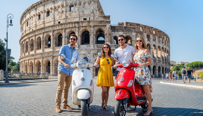 Couples with Vespas in front of the Colosseum, Rome.