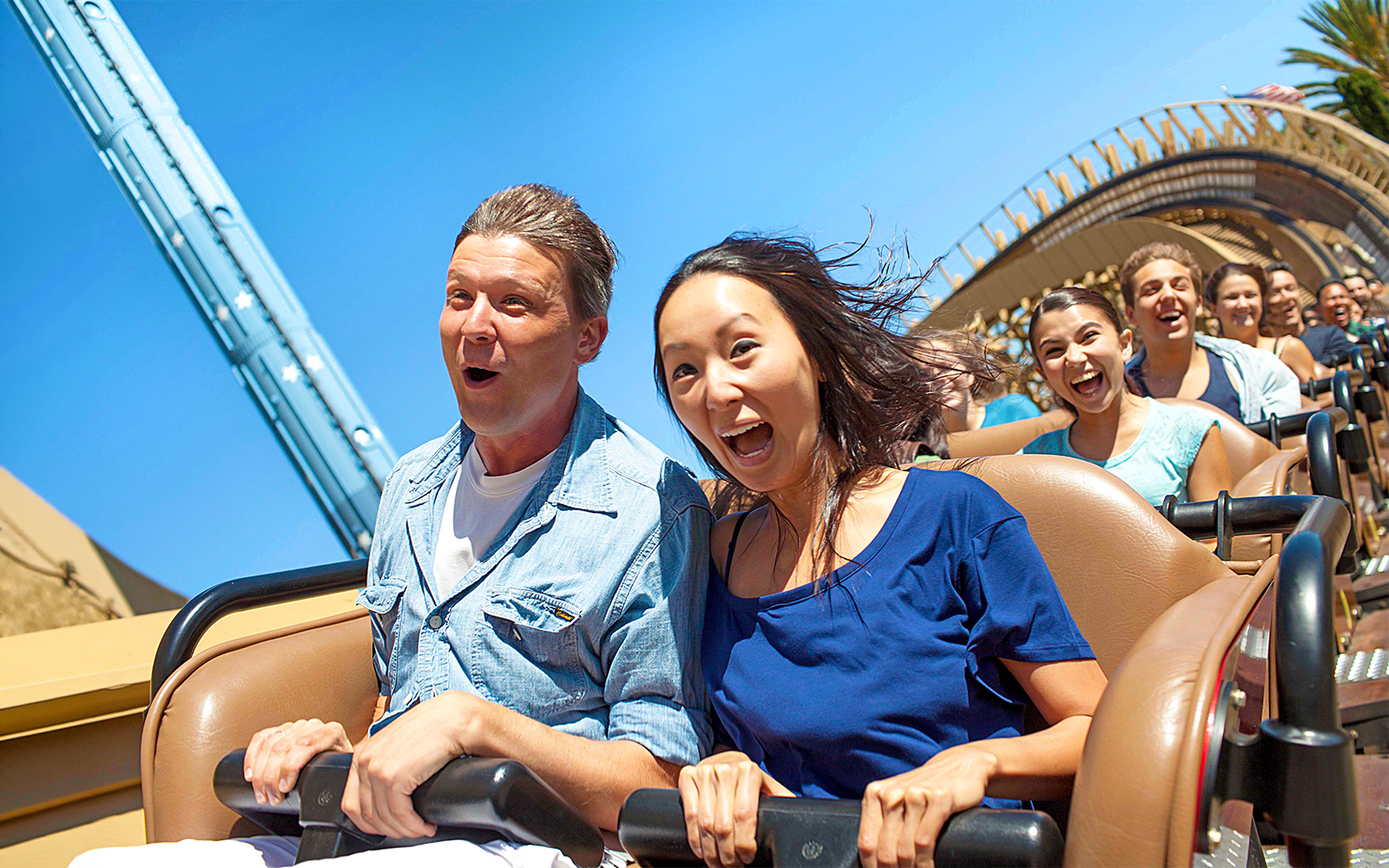 People enjoying the Gold Striker rollercoaster at California's Great America, Six Flags.