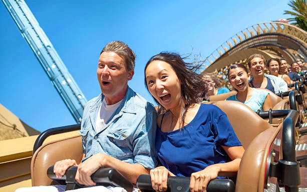 People enjoying the Gold Striker rollercoaster at California's Great America, Six Flags.