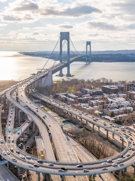 Aerial view of Verrazzano-Narrows Bridge during 30-minute helicopter tour.