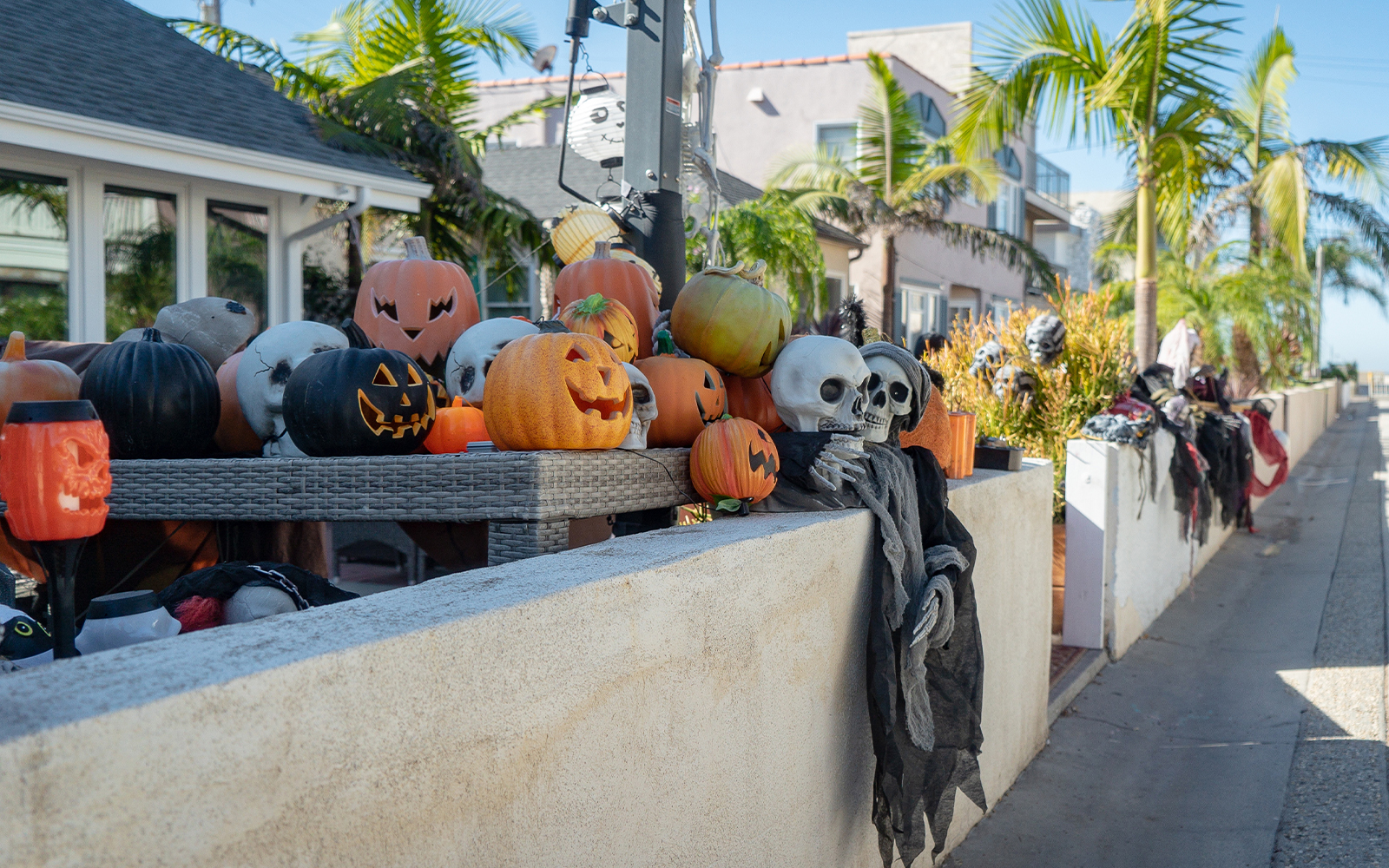 Halloween decorations with pumpkins and skeletons on a wall in Hermosa Beach, California.