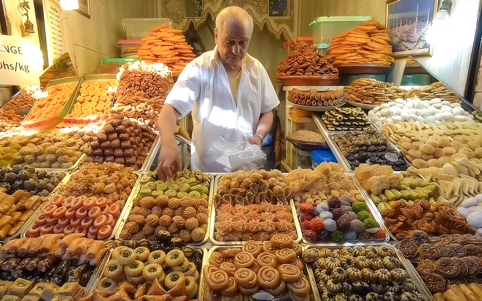 Vendor arranging traditional sweets at Jema el Fna street food market in Marrakesh.