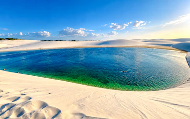 Lagoa Bonita lagoon surrounded by sand dunes in Barreirinhas, part of the 4x4 circuit tour.