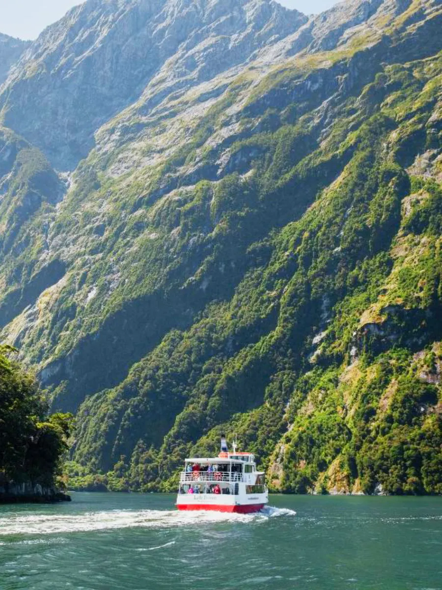 Cruise boat on Milford Sound with lush mountain backdrop, Te Anau tour.