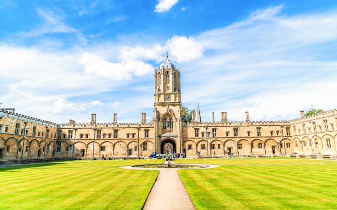 Tom Tower at Christ Church, Oxford University, England, with a view of the courtyard.