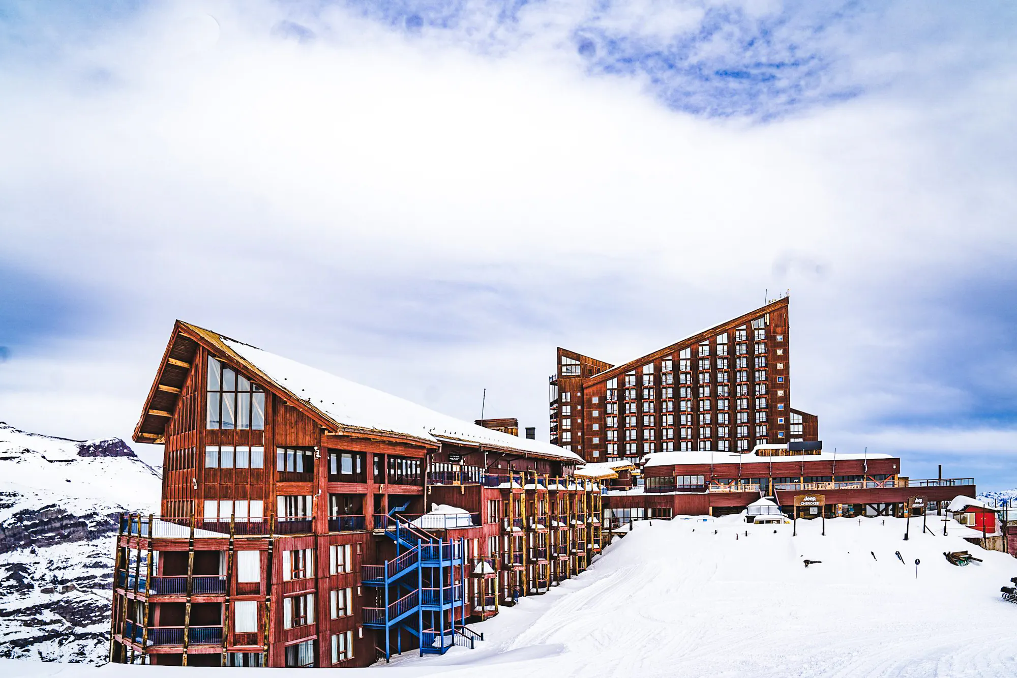 Valle Nevado ski resort buildings in snowy Andes, Santiago tour.