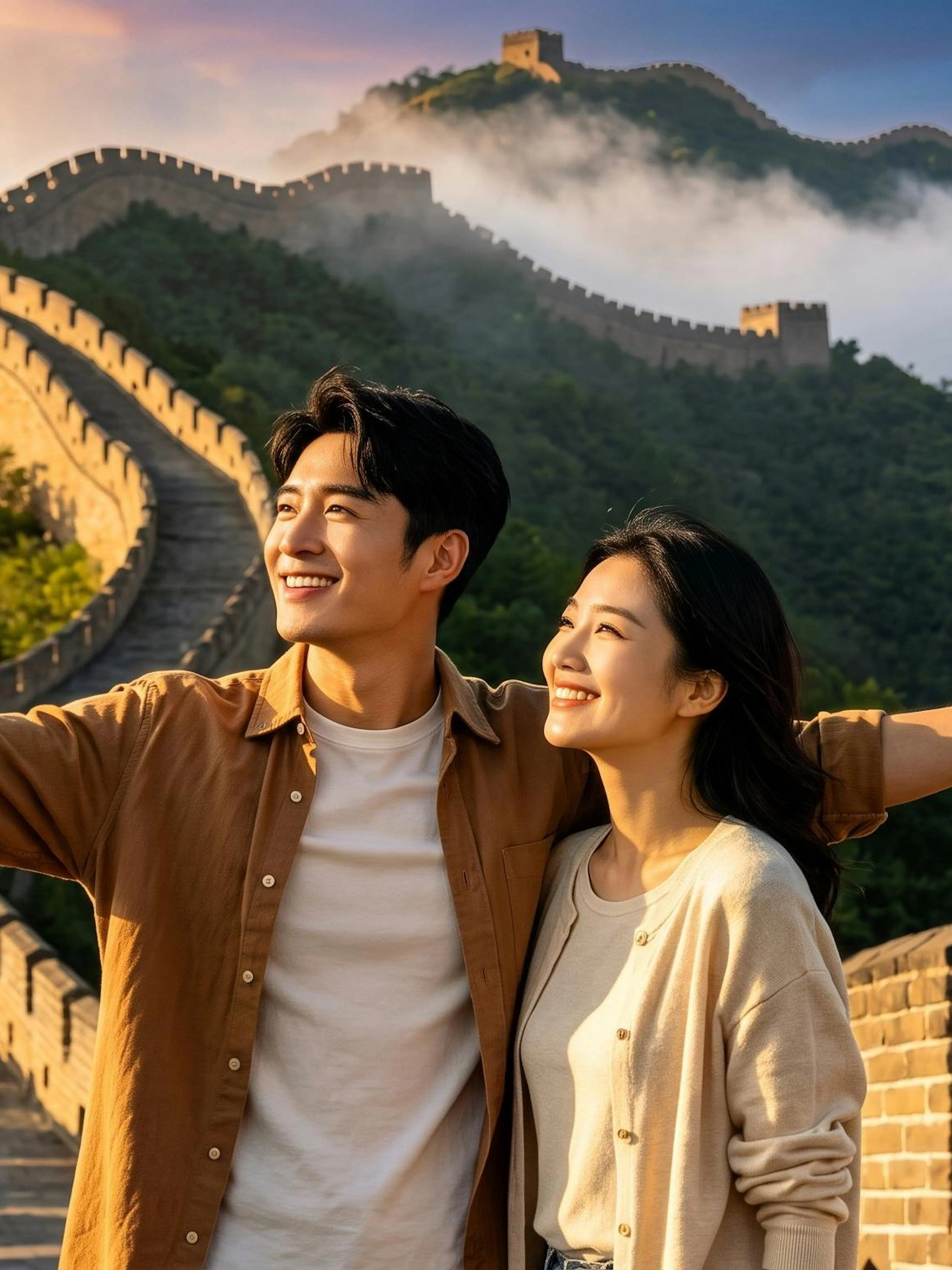 Couple enjoying the view on Badaling Great Wall during a day tour from Beijing.