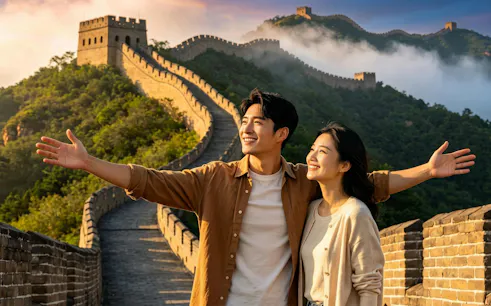 Couple enjoying the view on Badaling Great Wall during a day tour from Beijing.
