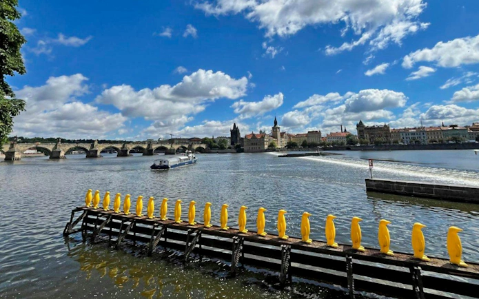 Yellow penguins on Kampa Island with Charles Bridge in Prague.