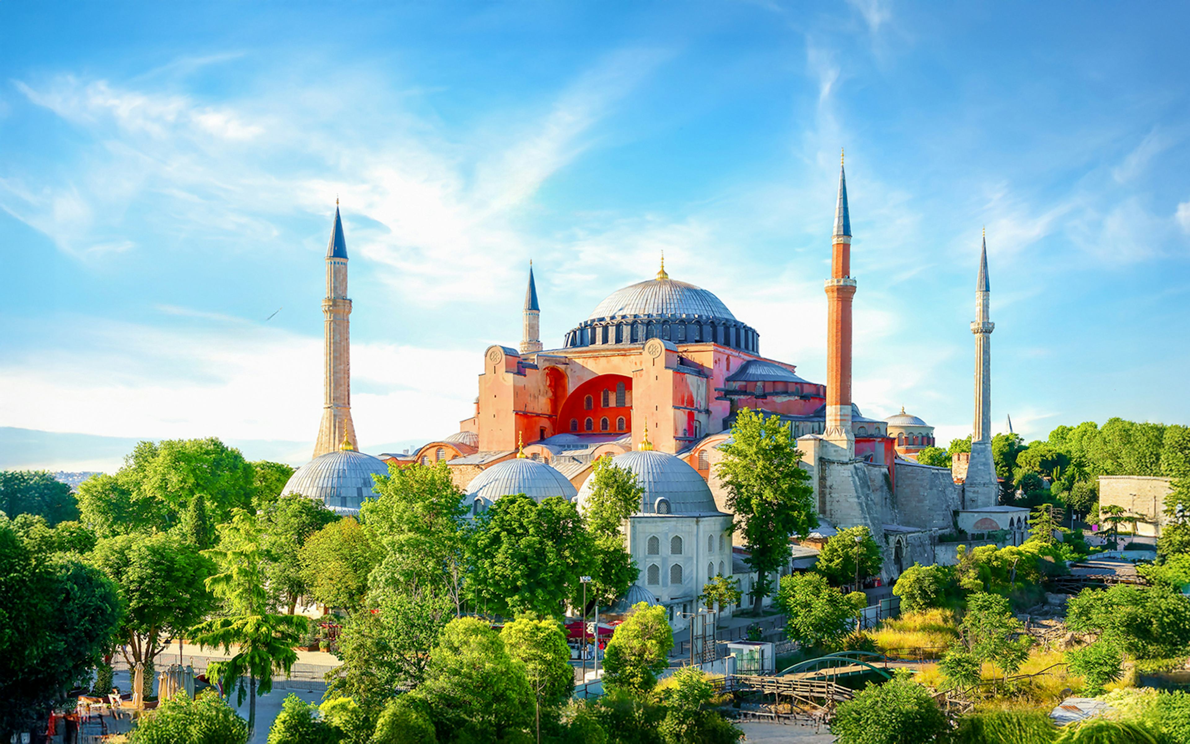 Hagia Sophia exterior with minarets and gardens, Istanbul.