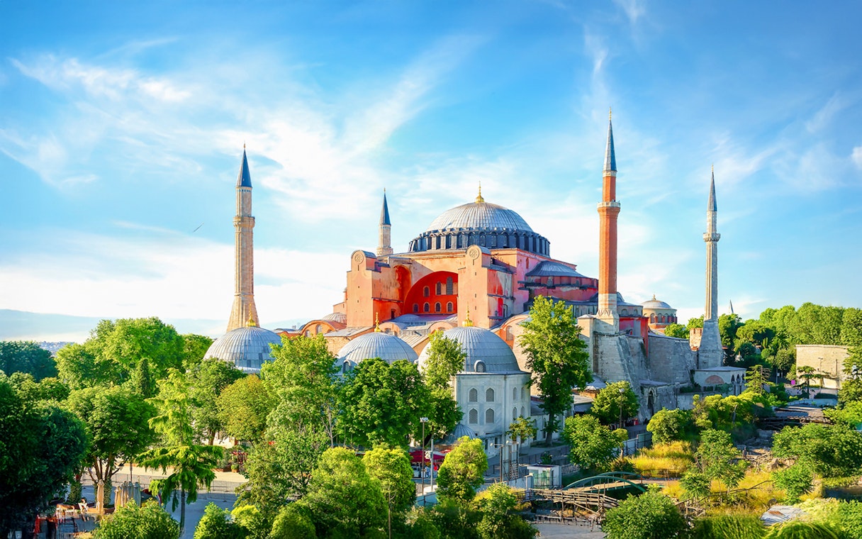 Hagia Sophia exterior with minarets and gardens, Istanbul.