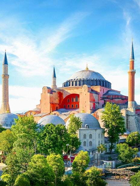 Hagia Sophia exterior with minarets and gardens, Istanbul.