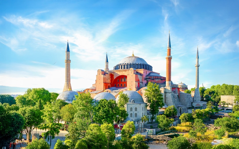 Hagia Sophia exterior with minarets and gardens, Istanbul.