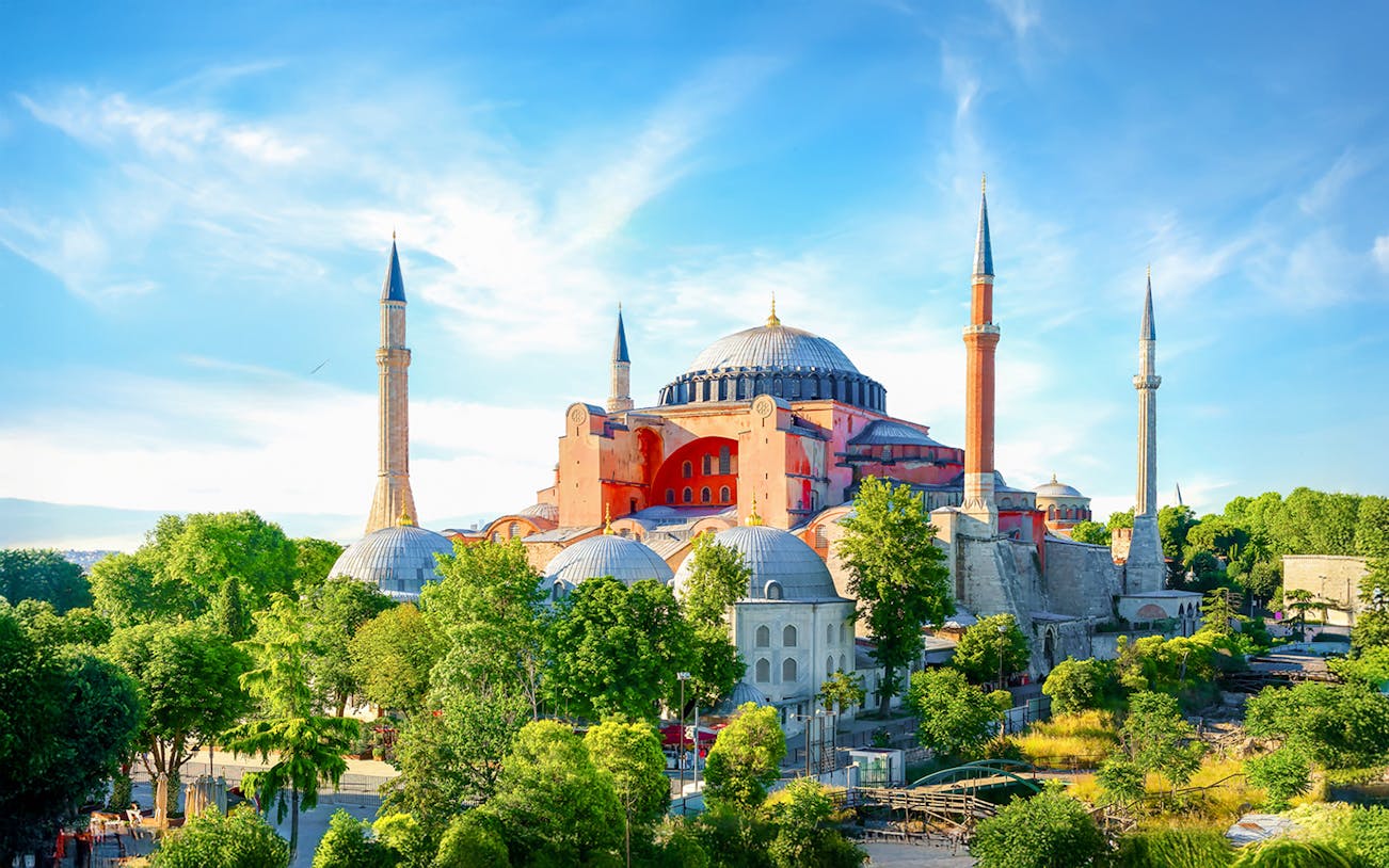 Hagia Sophia exterior with minarets and gardens, Istanbul.