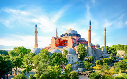 Hagia Sophia exterior with minarets and gardens, Istanbul.