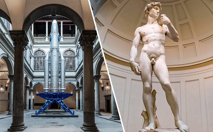 Rocket display in Florence courtyard and Michelangelo's David statue in museum.