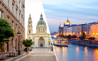 St. Stephen’s Basilica and Danube River cruise in Budapest at sunset.