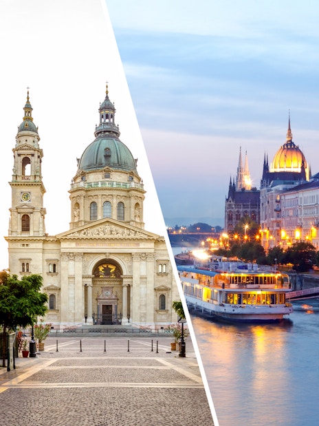 St. Stephen’s Basilica and Danube River cruise in Budapest at sunset.