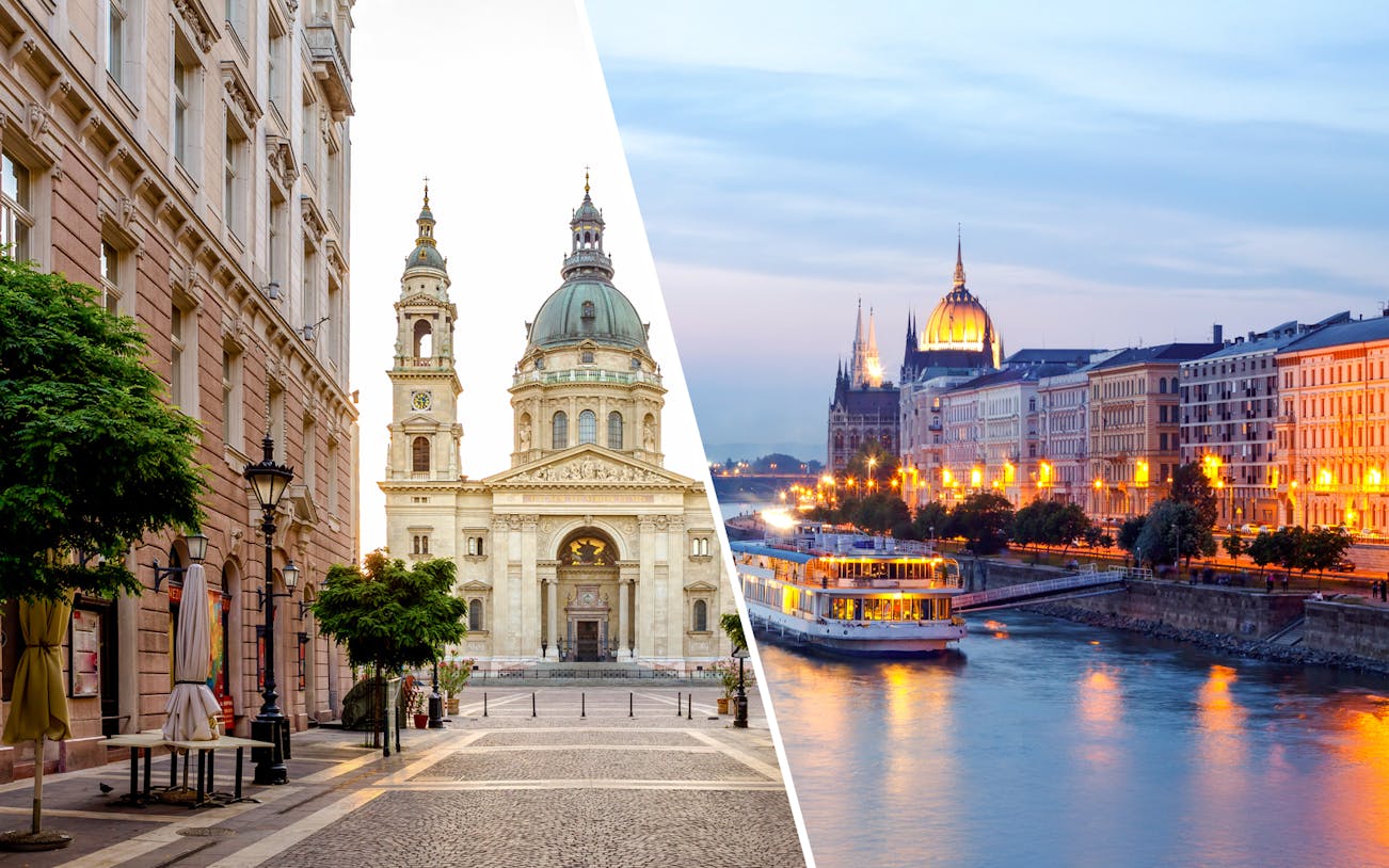 St. Stephen’s Basilica and Danube River cruise in Budapest at sunset.