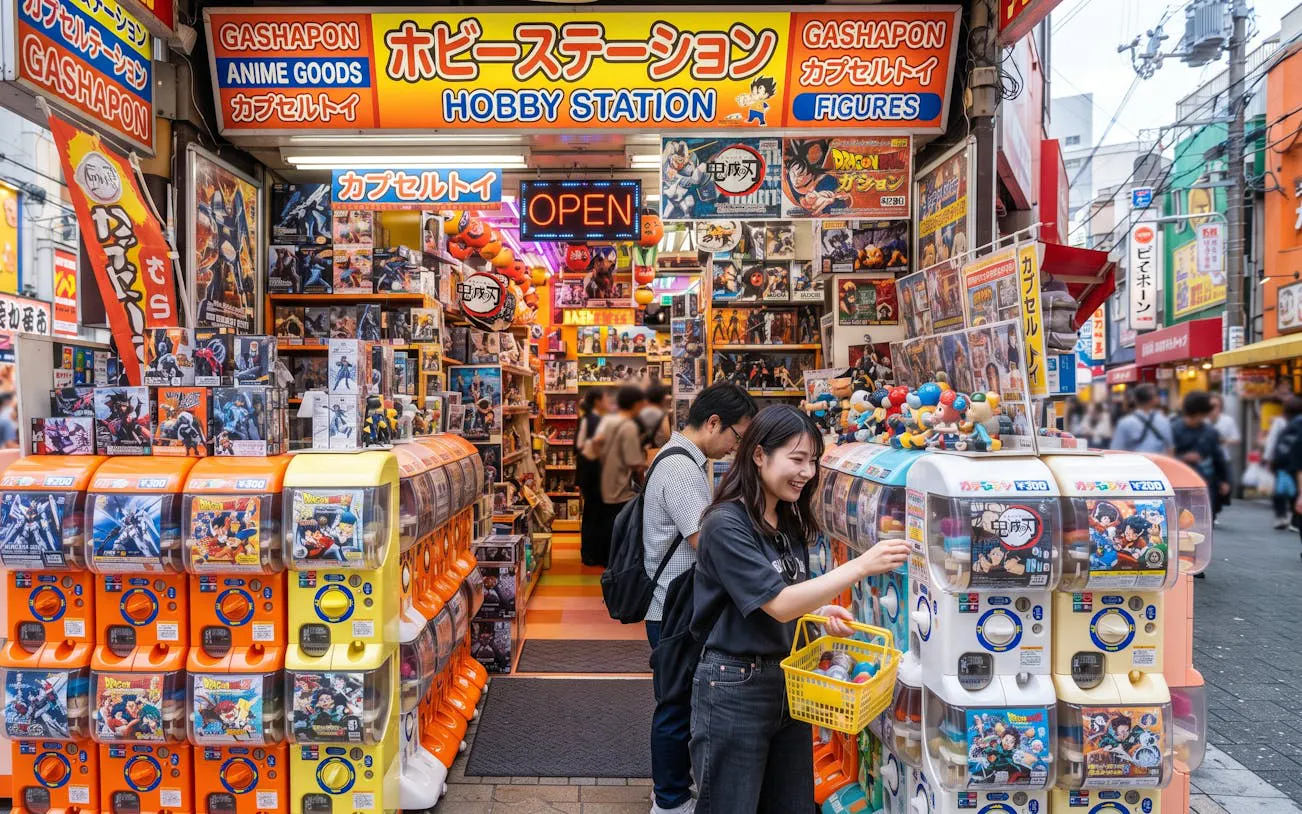 Osaka Den Den Town shop with gashapon machines and anime merchandise on a guided walking tour.