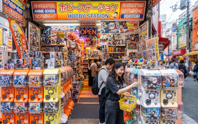 Osaka Den Den Town shop with gashapon machines and anime merchandise on a guided walking tour.