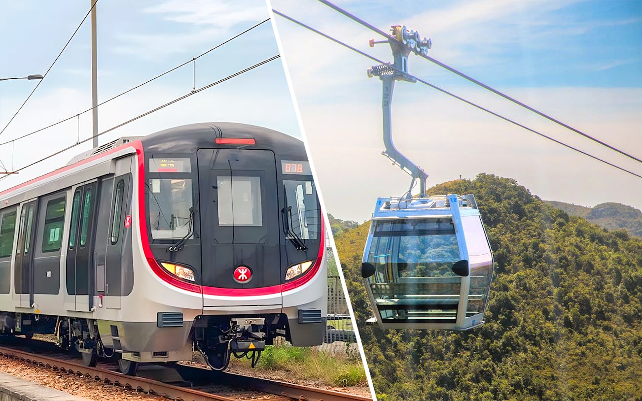 MTR train and Ngong Ping cable car in Hong Kong.