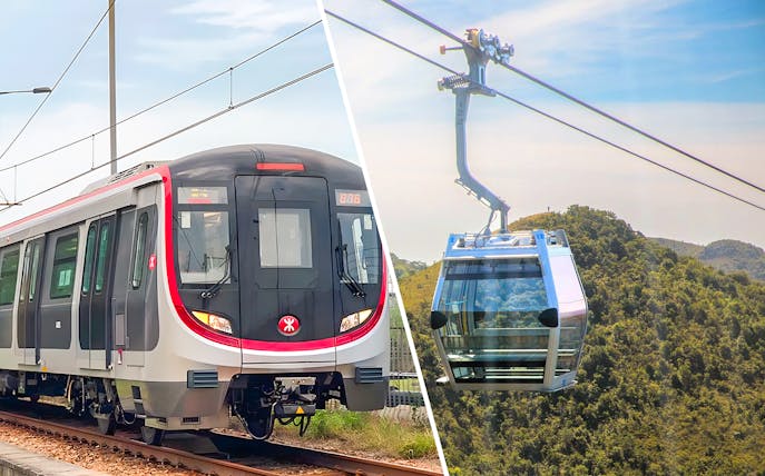 MTR train and Ngong Ping cable car in Hong Kong.