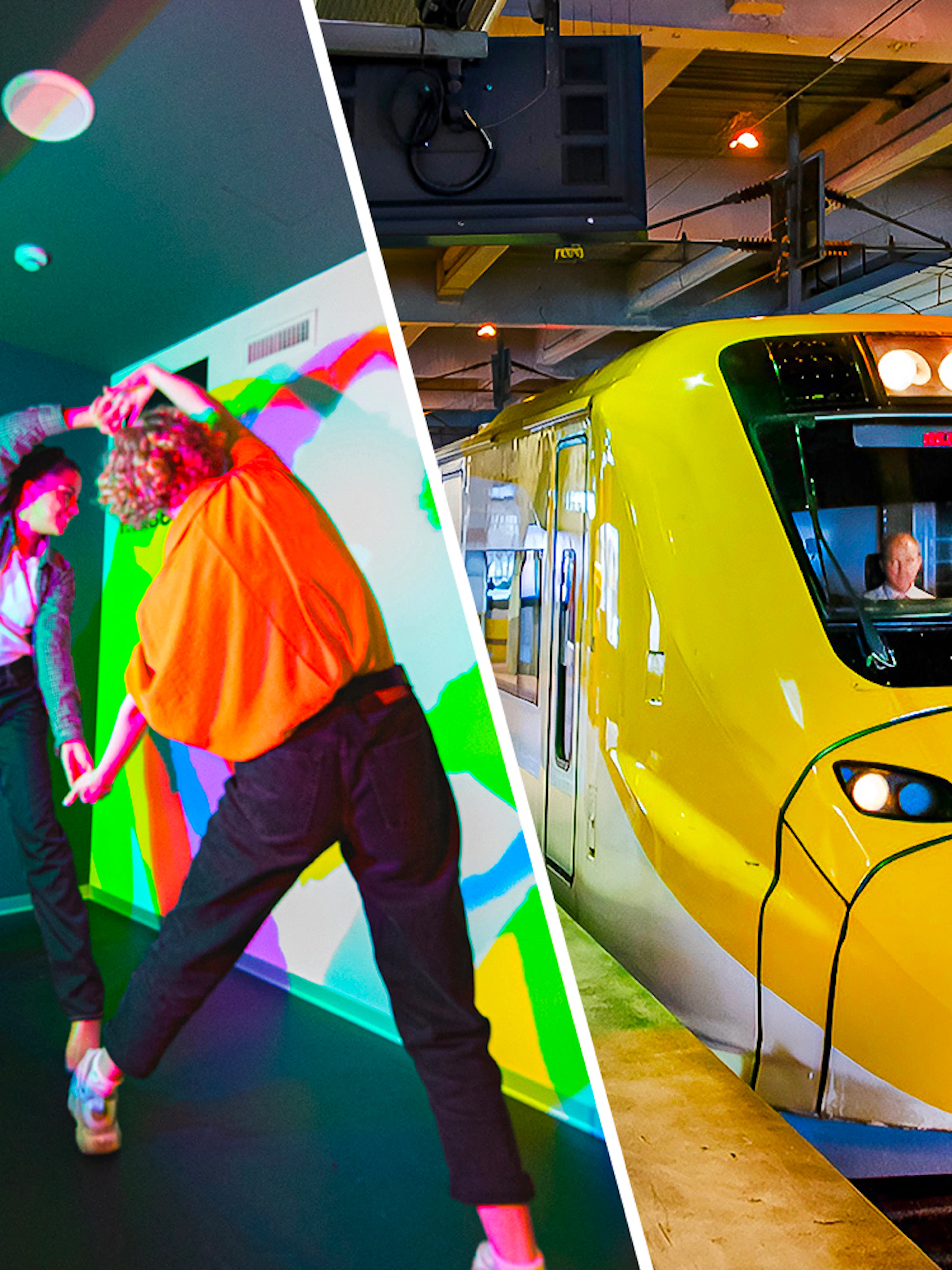 Interactive light exhibit and yellow train at a station, Combo: 22139 + 21928.