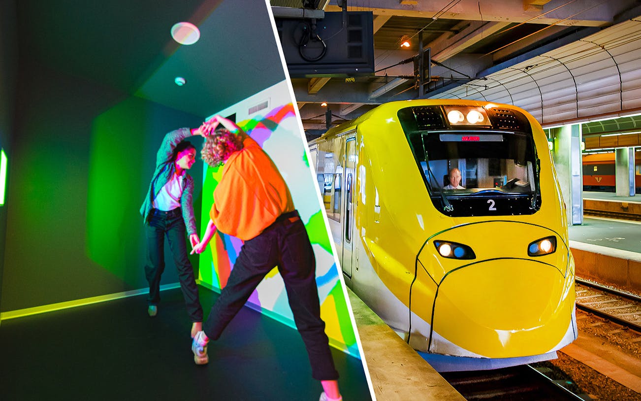 Interactive light exhibit and yellow train at a station, Combo: 22139 + 21928.