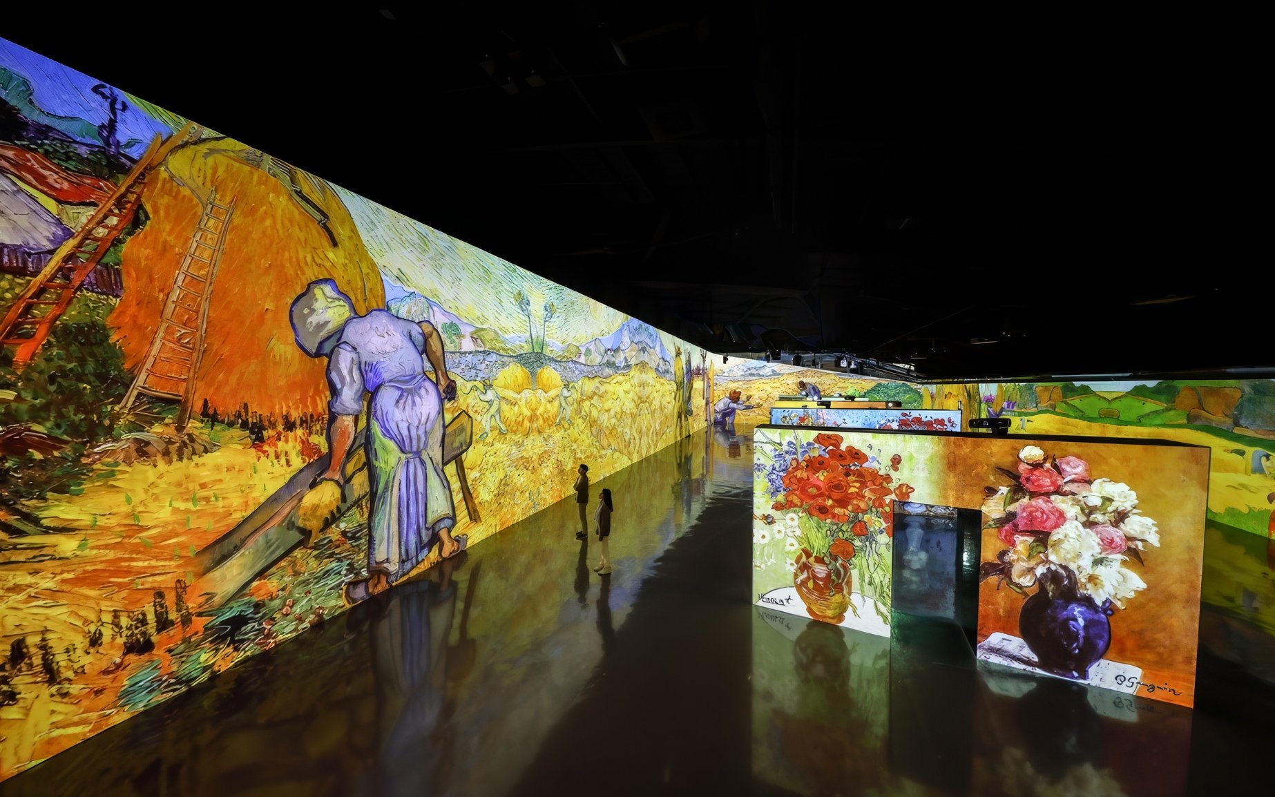 Immersive Van Gogh exhibit at Arte Museum Jeju with vibrant projections on walls.