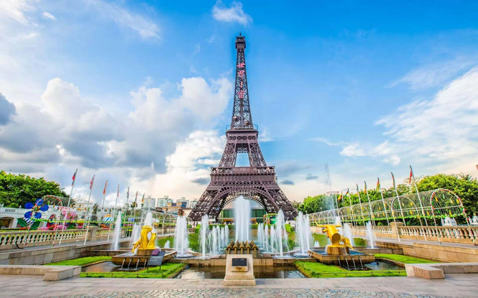 Replica of Eiffel Tower with fountains at Window of the World, Shenzhen, China.
