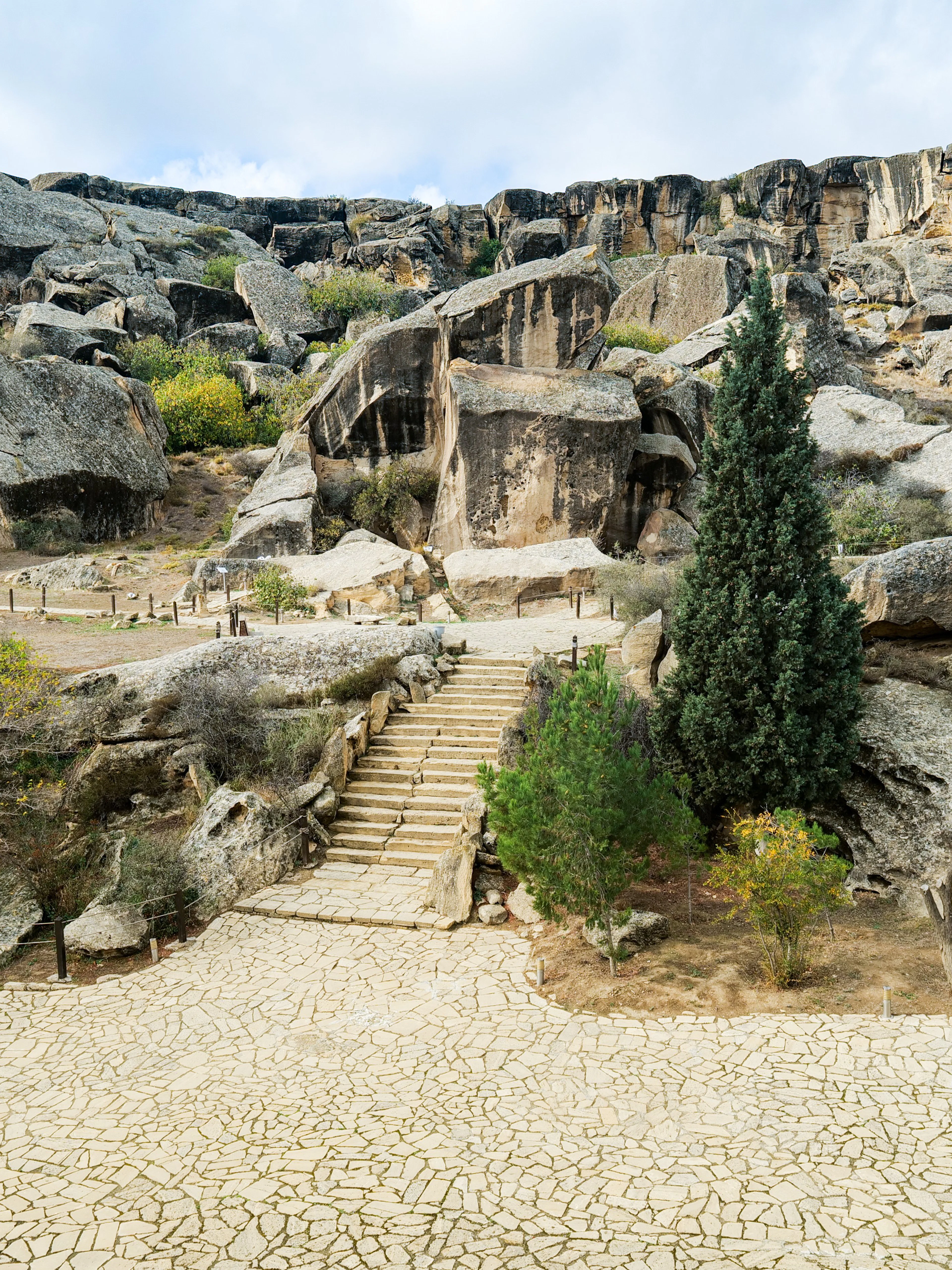 Rock formations and stone steps at Gobustan National Park, Azerbaijan.