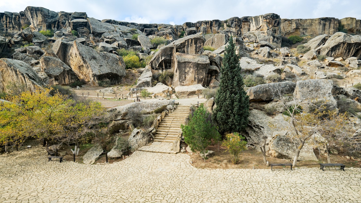 Rock formations and stone steps at Gobustan National Park, Azerbaijan.